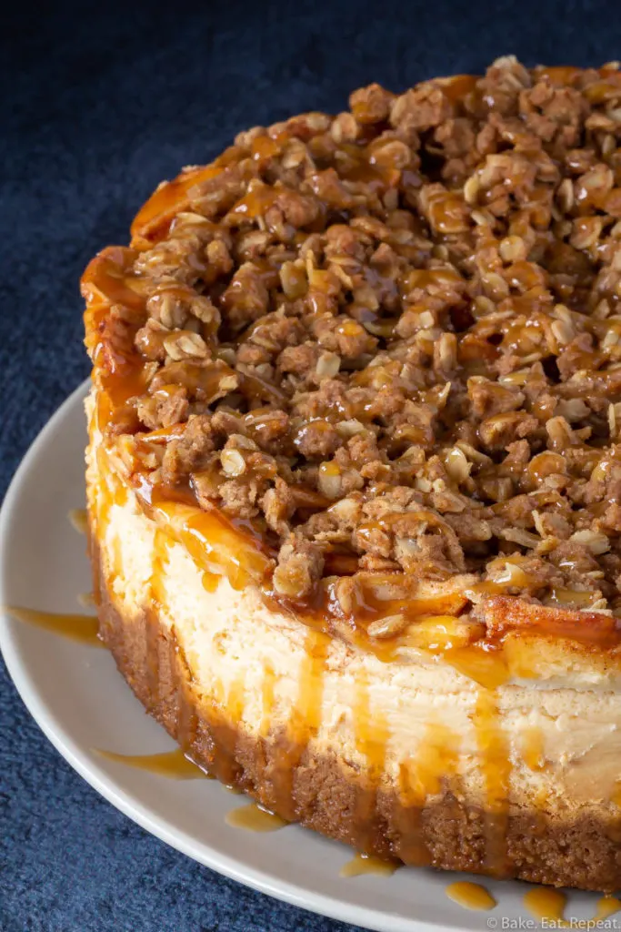 Easy apple cheesecake with a crumble topping and caramel sauce.