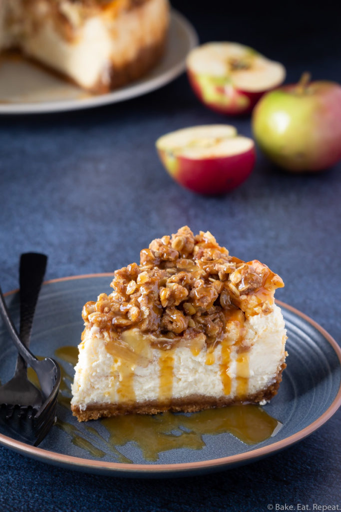 Easy to make caramel apple cheesecake with a crumble topping.