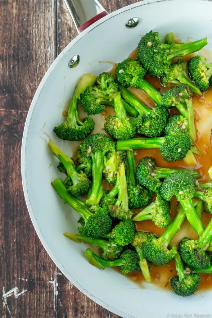 Broccoli stir fry in an easy Asian sauce in a skillet.