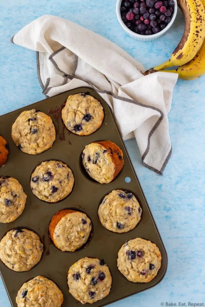easy, healthy, blueberry banana oatmeal muffins