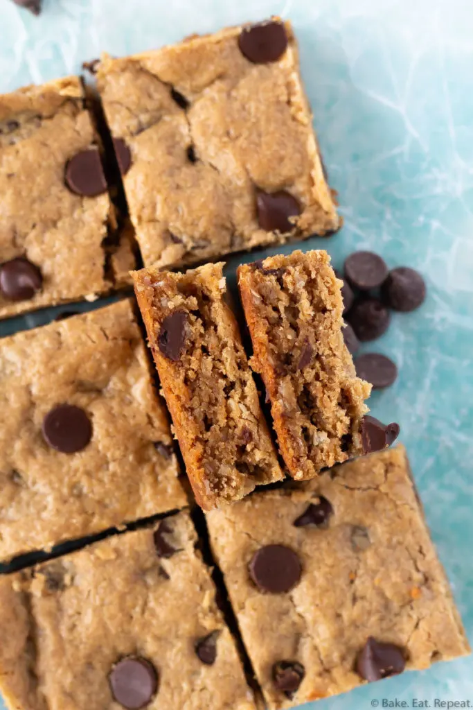 Easy to make, chewy chocolate chip oatmeal peanut butter bars.