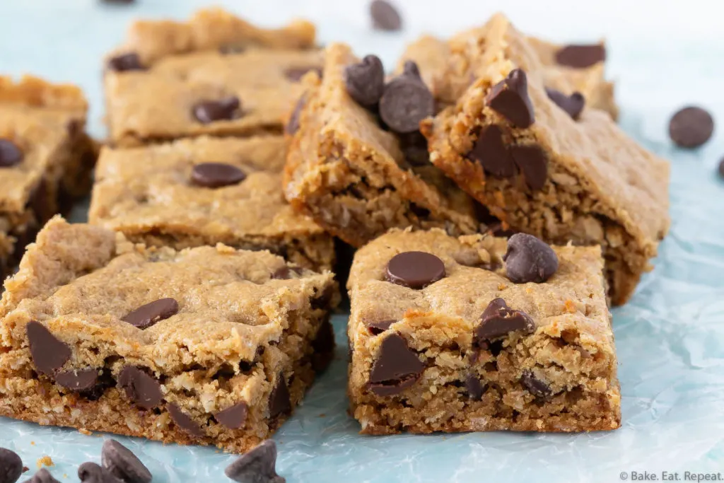Chewy oatmeal chocolate chip peanut butter bars.
