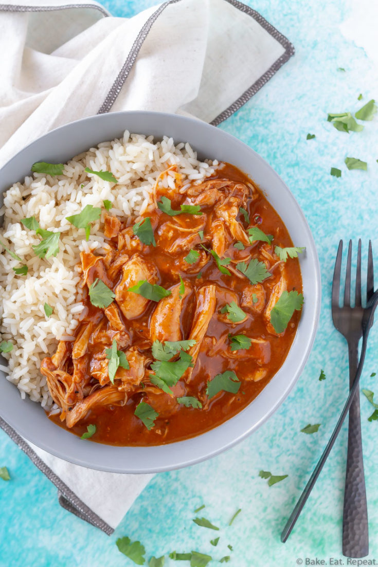 A bowl of Instant Pot butter chicken and rice.