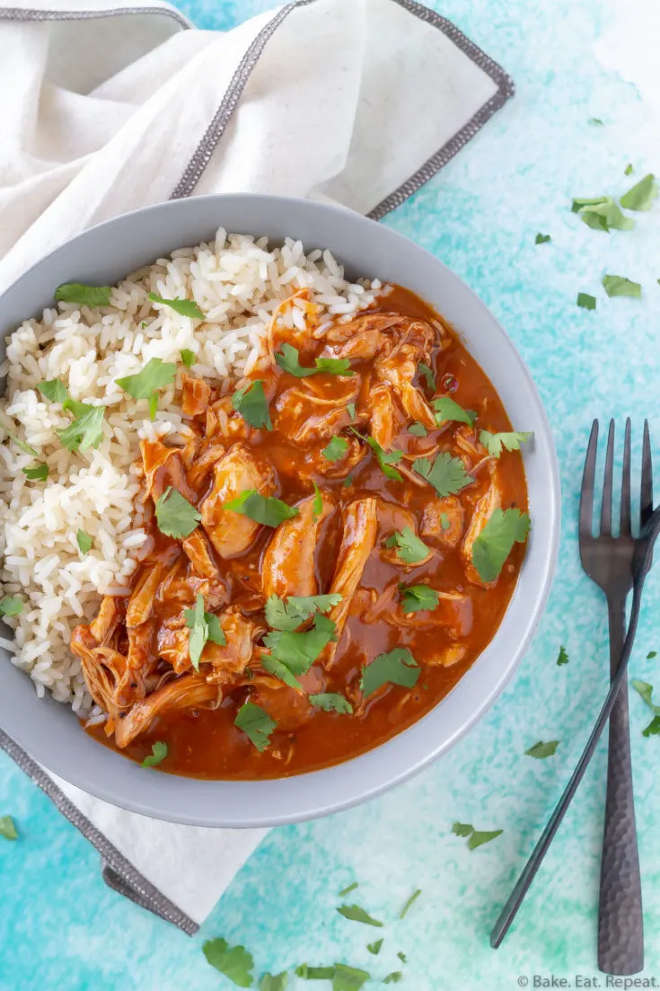 A bowl of Instant Pot butter chicken and rice.