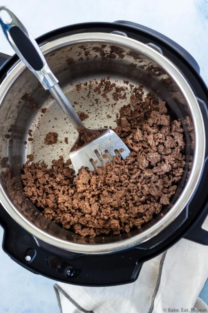 Cooked ground beef in the Instant Pot, cooked from frozen.