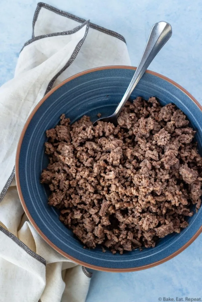 Cooked ground beef in a bowl after cooking from frozen in the Instant Pot.