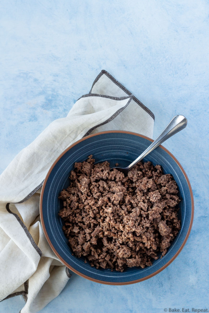 Cooked ground beef in a bowl after cooking from frozen in the Instant Pot.