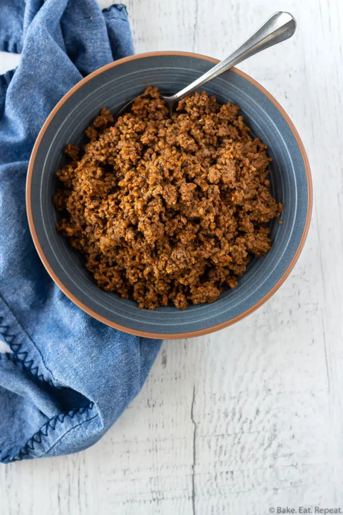 A bowl of cooked ground beef taco meat.
