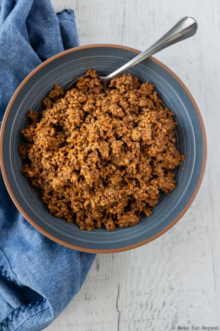 Taco meat in a bowl made from frozen ground beef in the Instant Pot.
