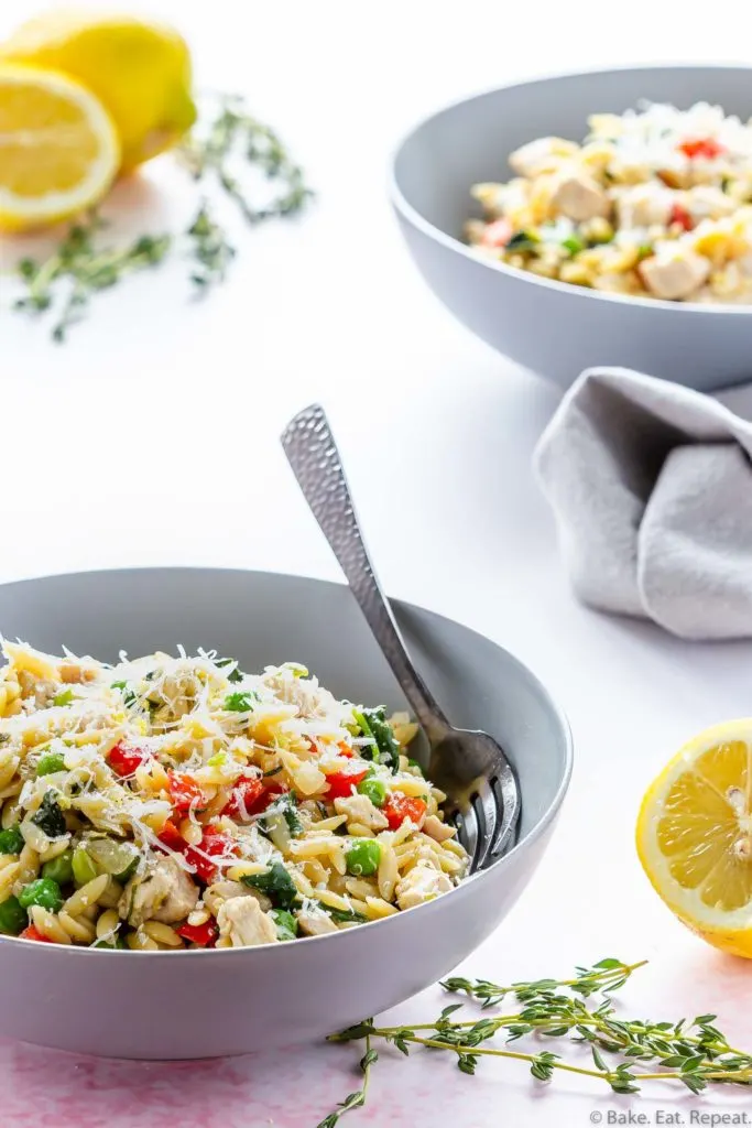one pot lemon parmesan orzo with chicken and vegetables