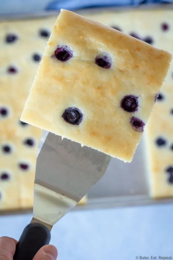 fluffy sheet pan blueberry pancakes