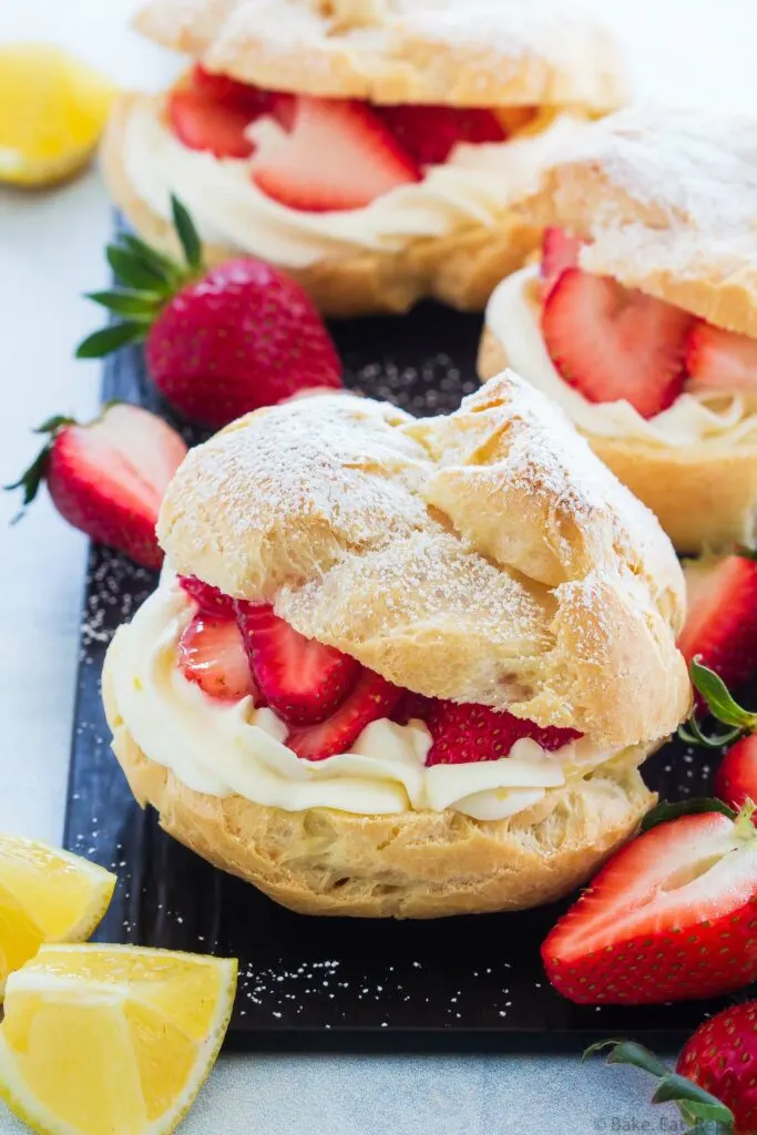 easy cream puffs filled with lemon curd, lemon cream, and fresh strawberries