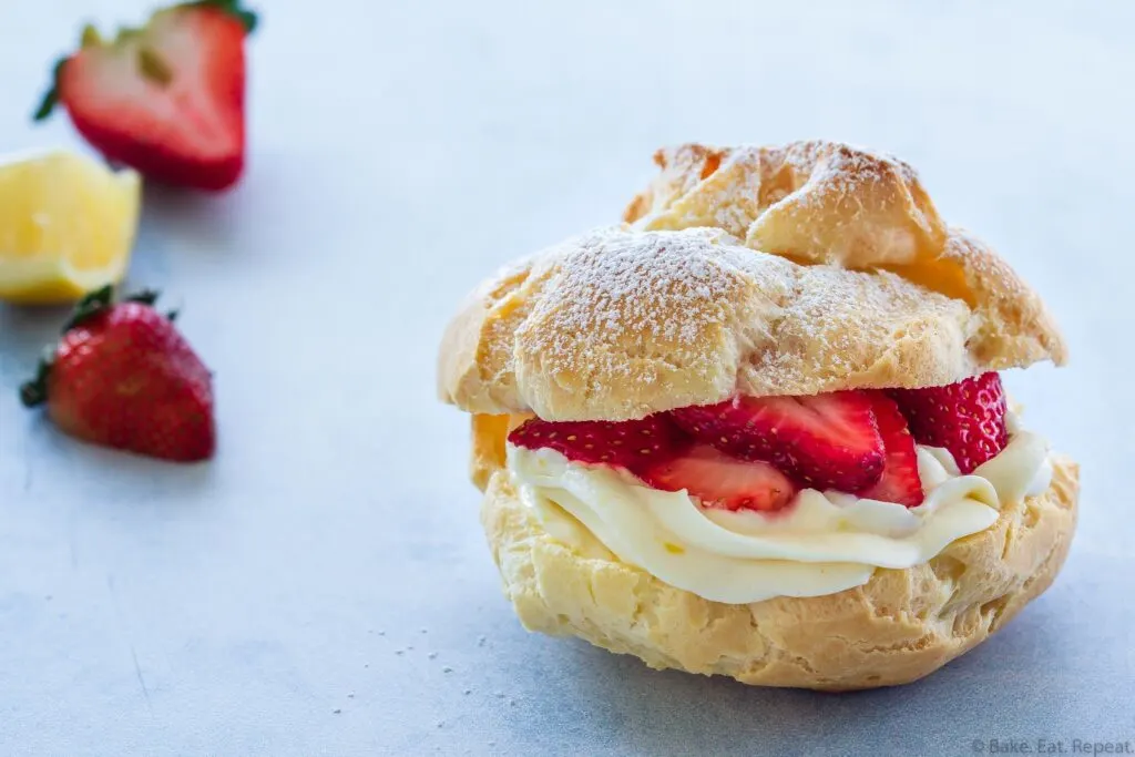 easy cream puffs filled with lemon curd, lemon cream, and fresh strawberries