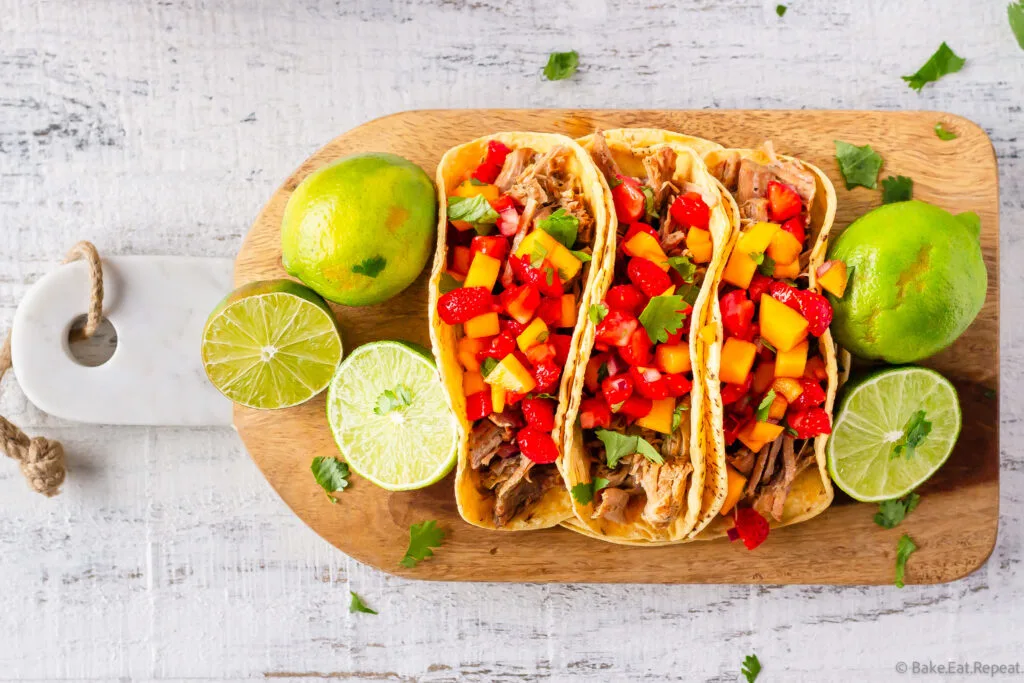 instant pot pork tacos with mango strawberry salsa