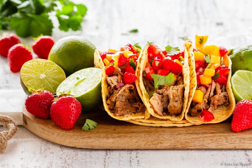 easy pressure cooker pork tacos with mango strawberry salsa