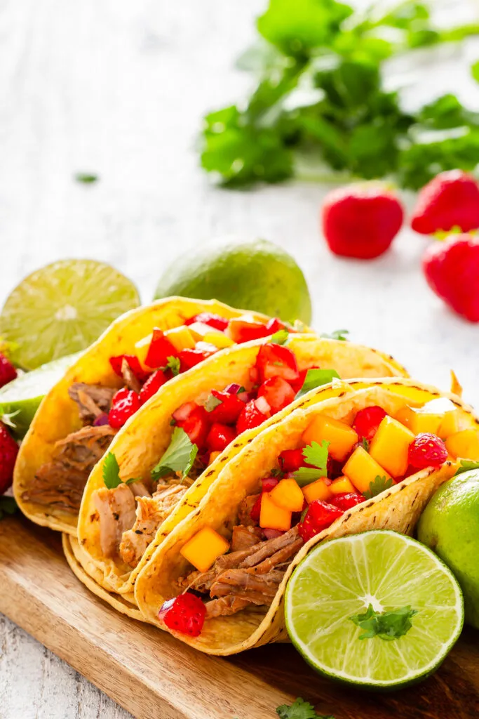 instant pot pork tacos with strawberry mango salsa