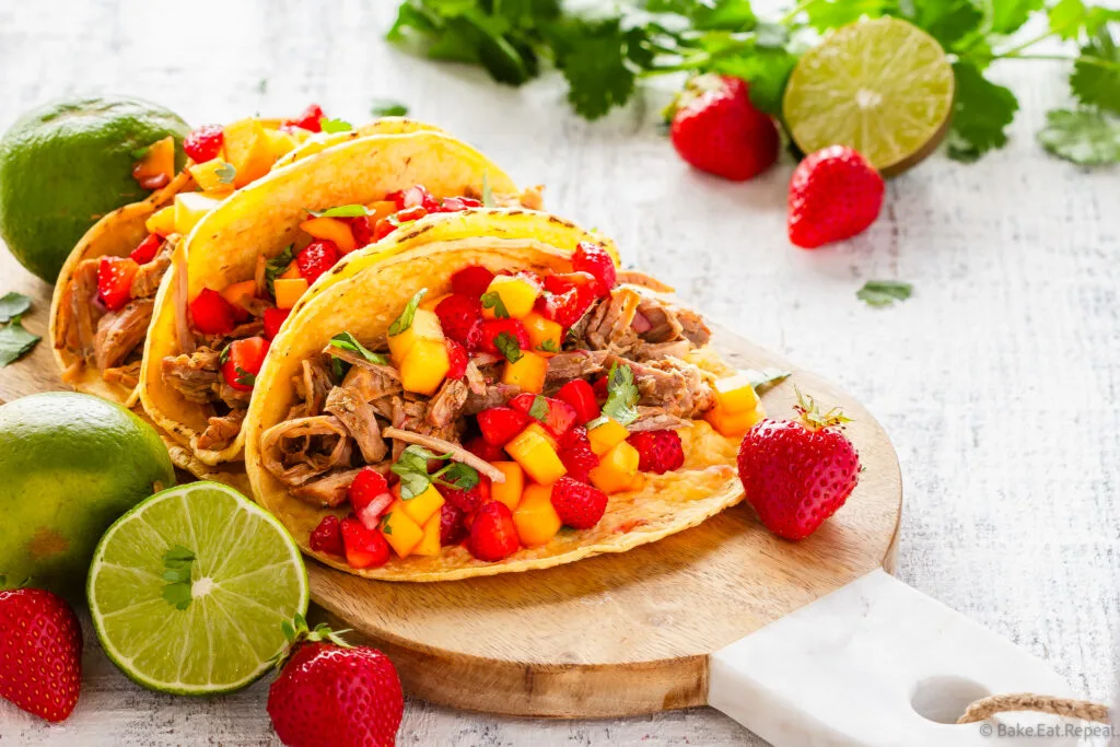 easy instant pot pork tacos with mango strawberry salsa