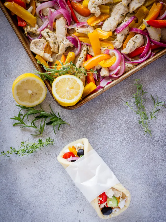 sheet pan Greek Chicken wraps